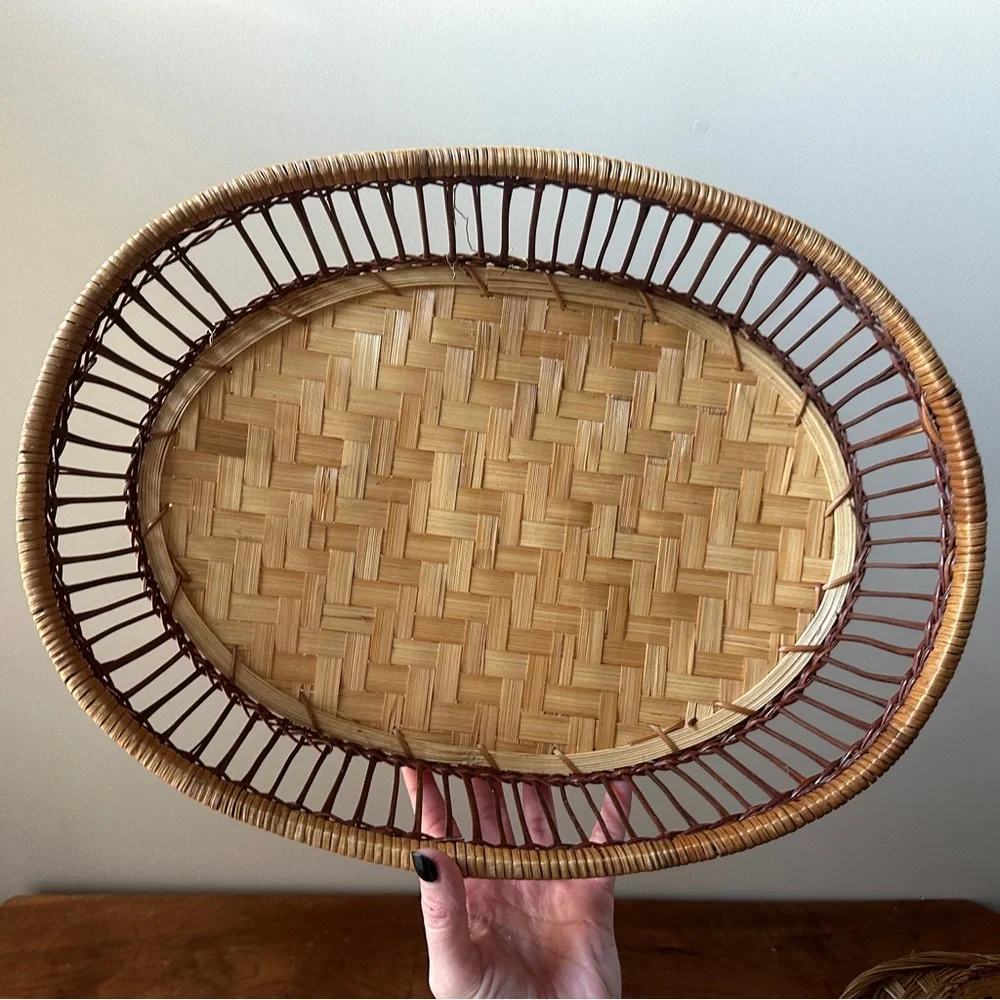 Woven Rattan Basket Tray Boho VTG Wall Decor Oval Wicker Baskets